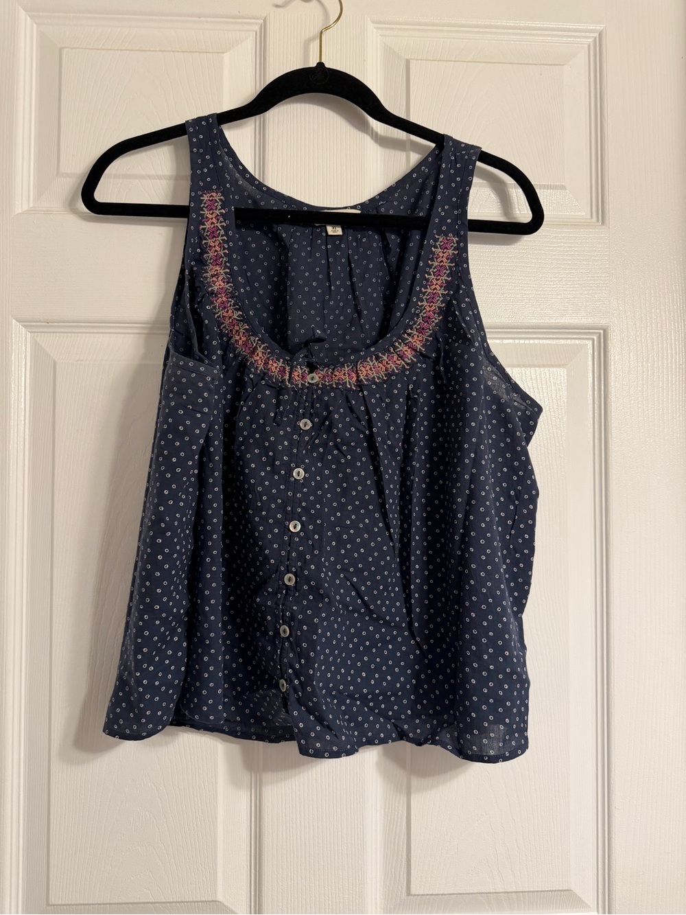Lucky Brand Navy Button-Front Tank with Pink Embroidered Neckline